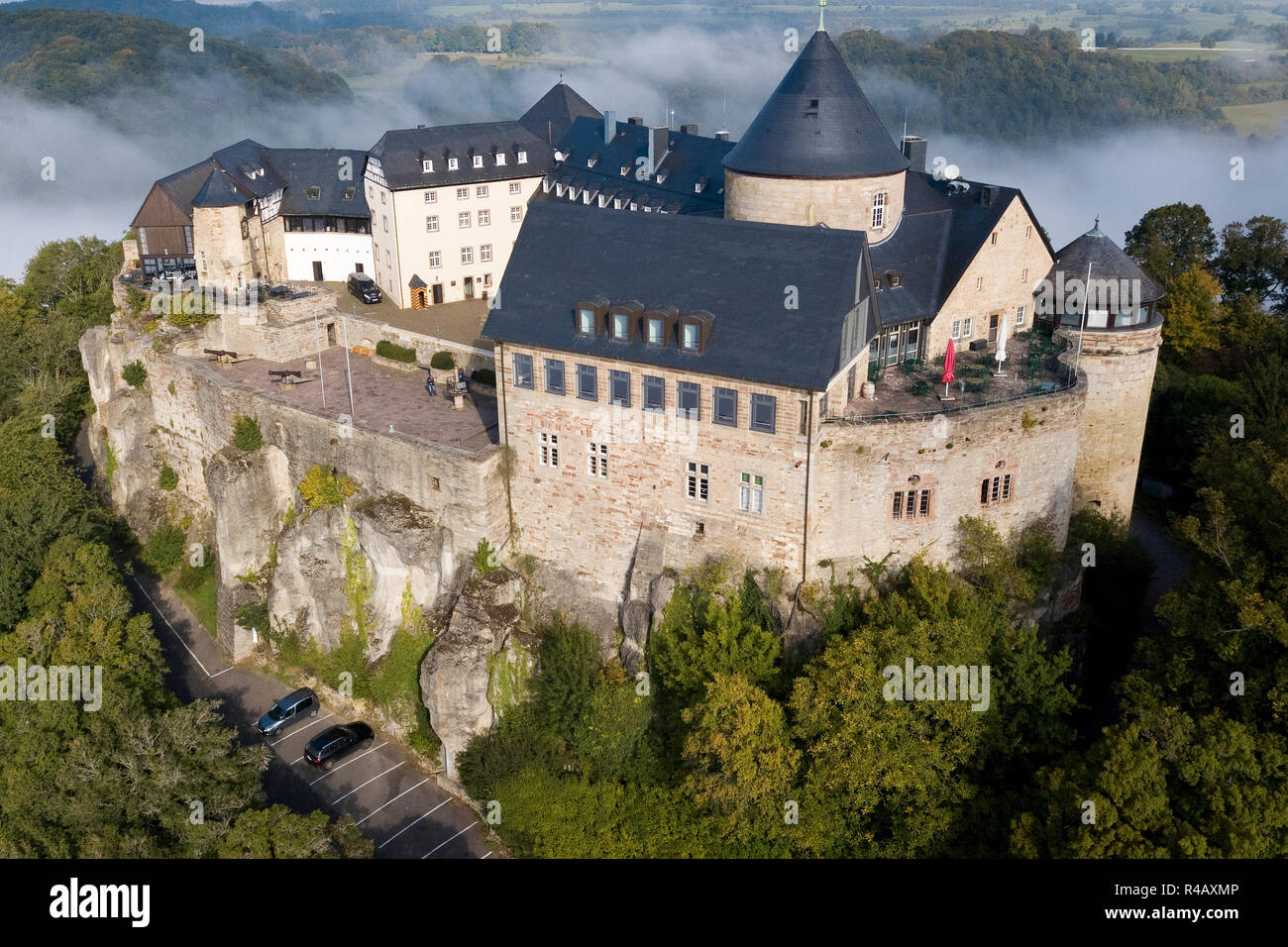 drone photo, castle of Waldeck Hotel castle Waldeck, Hesse, Germany, Europe Stock Photo