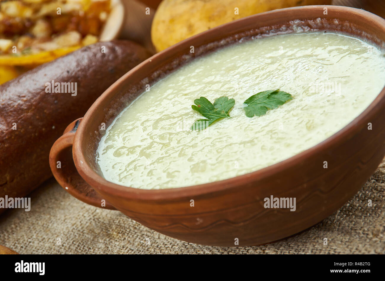 Leek and Potato Soup, Scottish cuisine, Traditional assorted dishes, Top view. Stock Photo