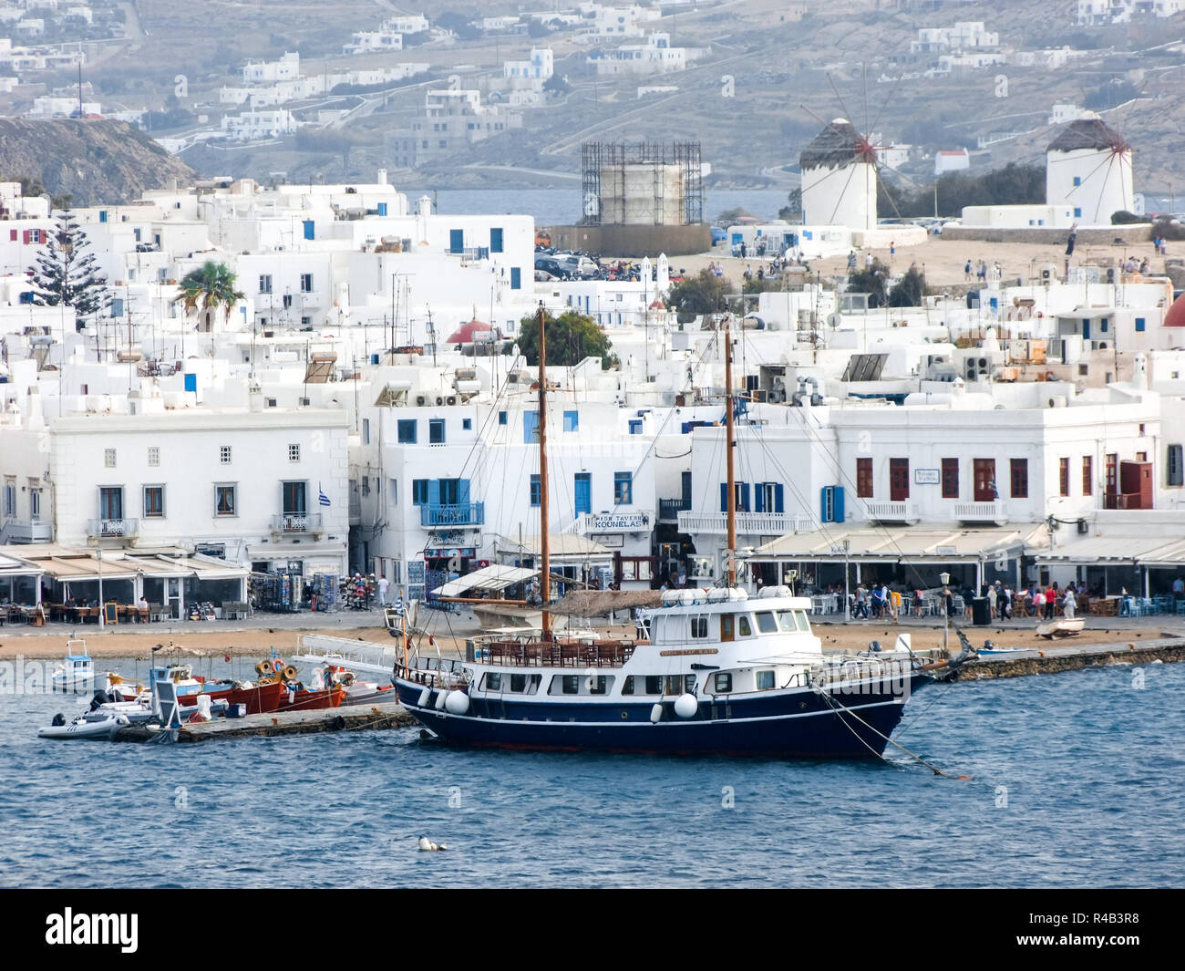 A vintage passenger sail boat docked at Santorini habor, Greece Stock Photo
