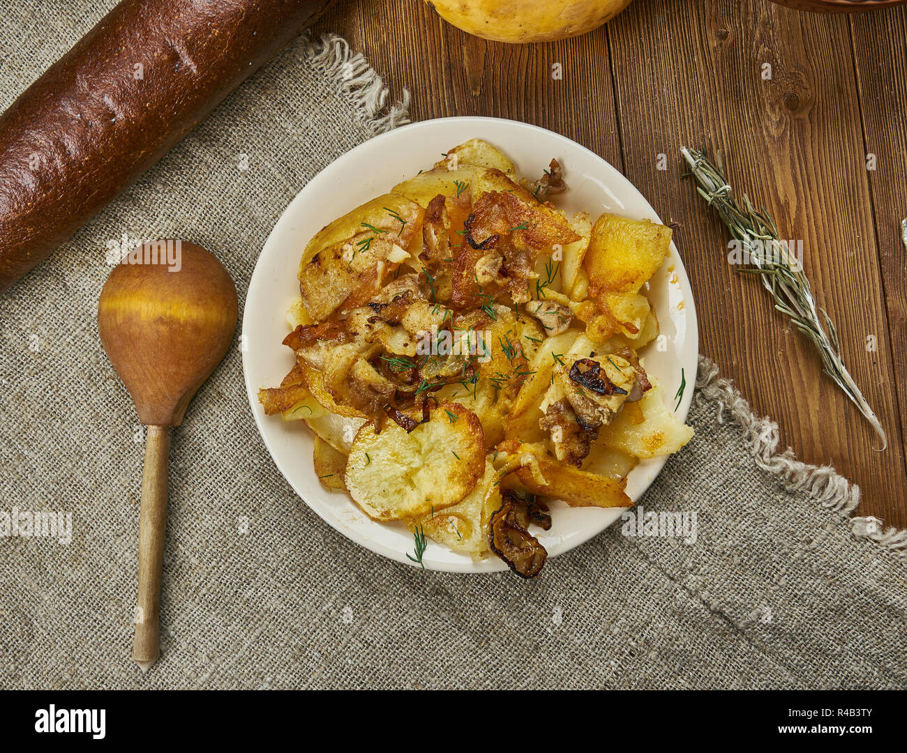 Scottish Neeps and Tatties, Scottish cuisine, Traditional assorted dishes, Top view. Stock Photo
