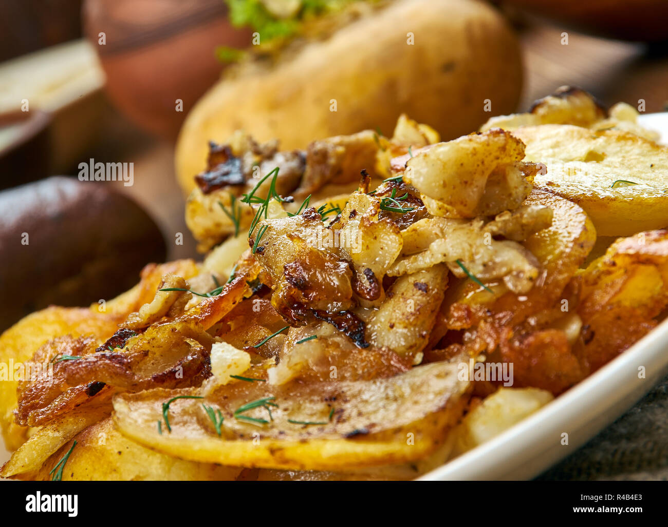 Scottish Neeps and Tatties, Scottish cuisine, Traditional assorted dishes, Top view. Stock Photo