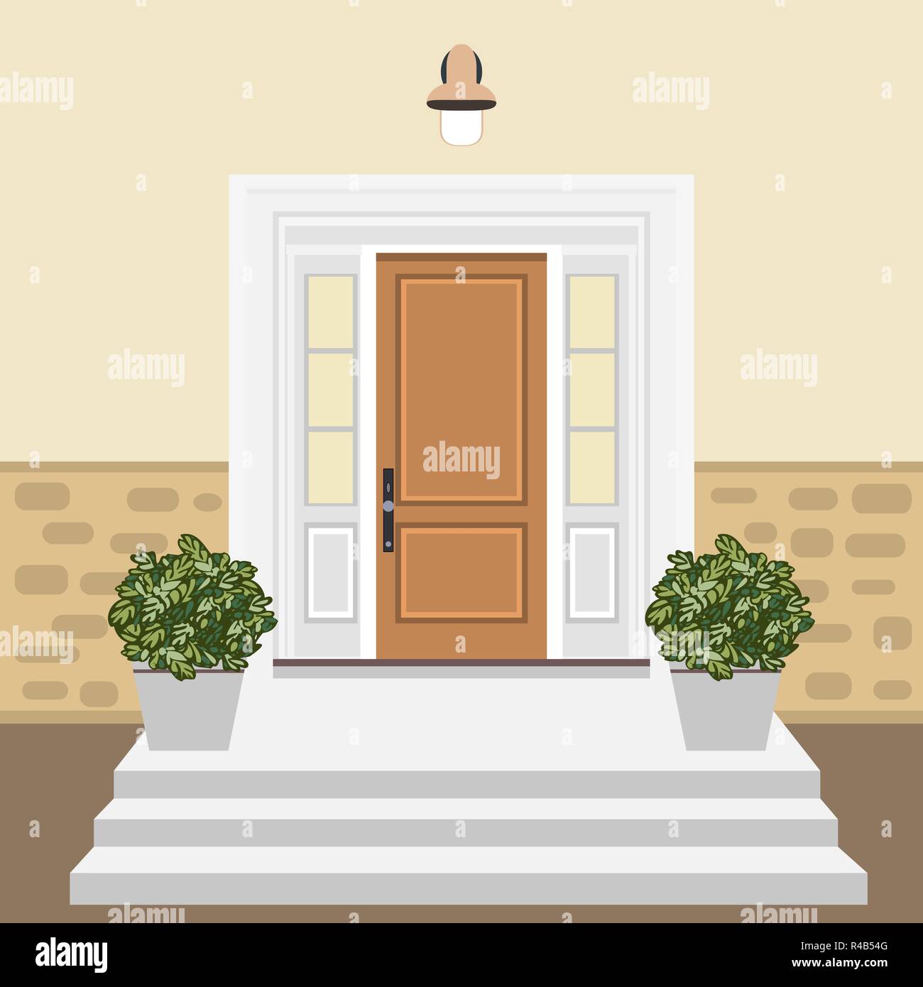 House door front with doorstep and steps, window, - vector clip art