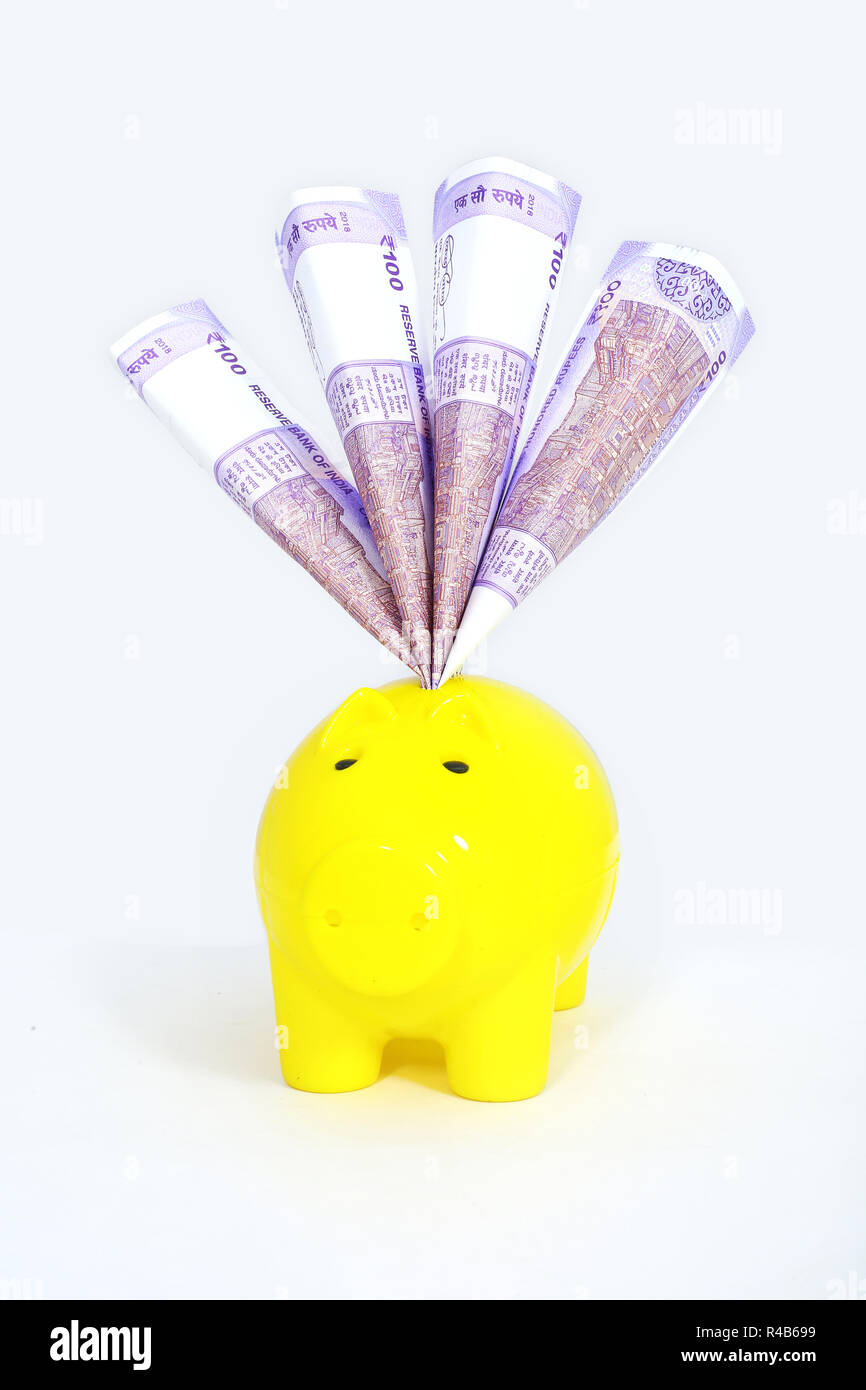 Indian 100 Rupee Currency Note in piggy bank. Isolated on the white background. Stock Photo