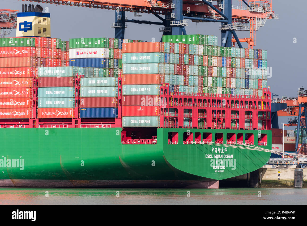 ROTTERDAM, THE NETHERLANDS - FEBRUARY 15, 2016: The ultra large container ship CSCL Indian Ocean of the China Shipping Line moored at the Euromax Term Stock Photo