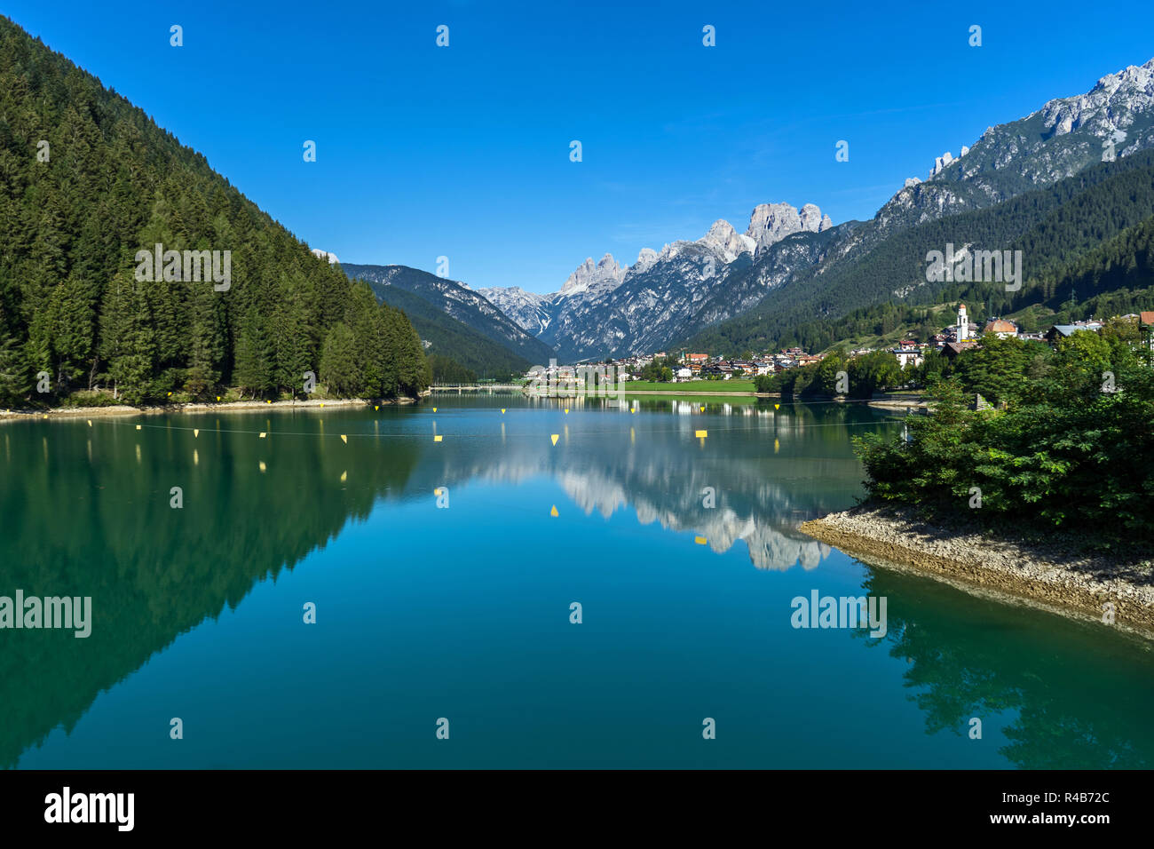The artificial lake near the village of Cadore in Italy, created by the dam of Santa Caterina. Region of the Dolomites. Stock Photo