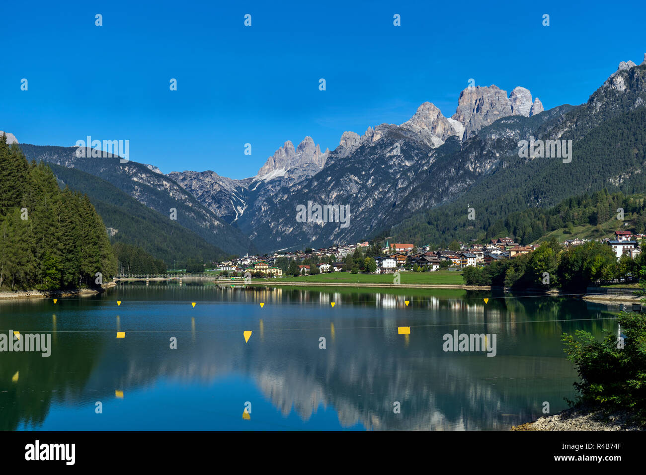 The artificial lake near the village of Cadore in Italy, created by the dam of Santa Caterina. Region of the Dolomites. Stock Photo