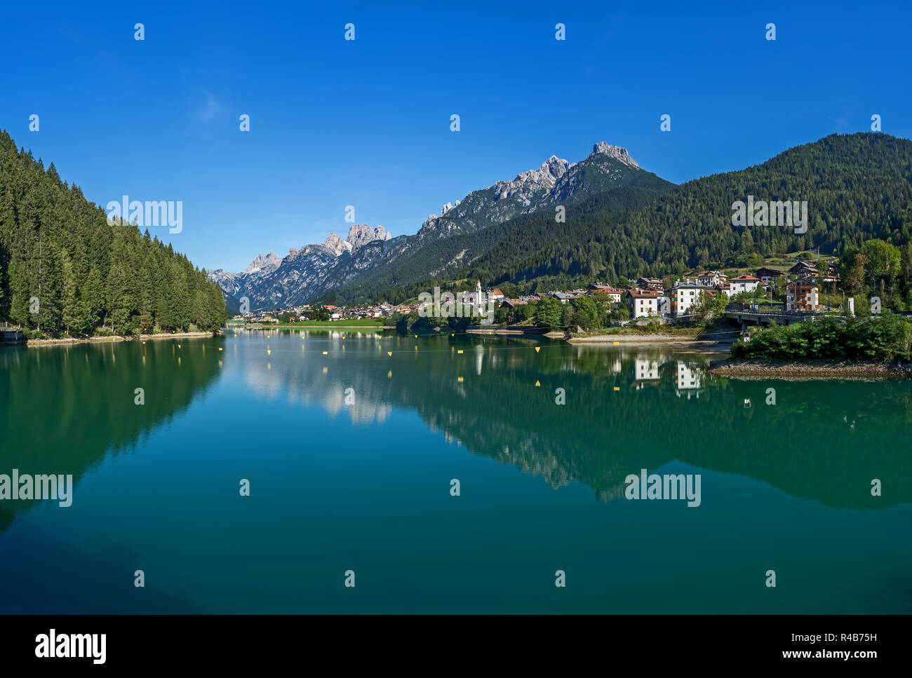 The artificial lake near the village of Cadore in Italy, created by the dam of Santa Caterina. Region of the Dolomites. Stock Photo