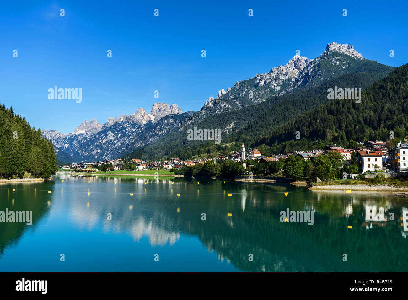 The artificial lake near the village of Cadore in Italy, created by the dam of Santa Caterina. Region of the Dolomites. Stock Photo