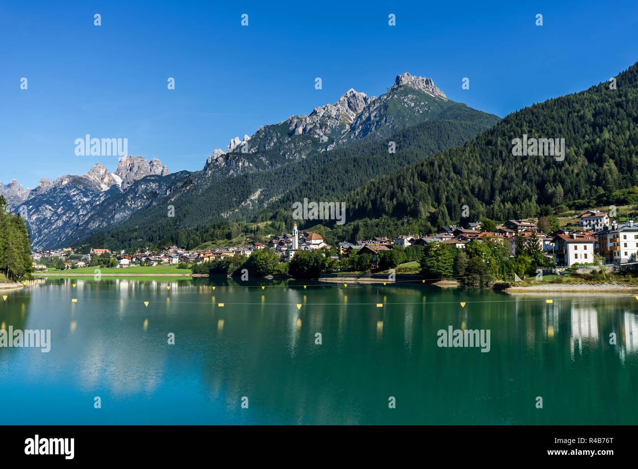 The artificial lake near the village of Cadore in Italy, created by the dam of Santa Caterina. Region of the Dolomites. Stock Photo