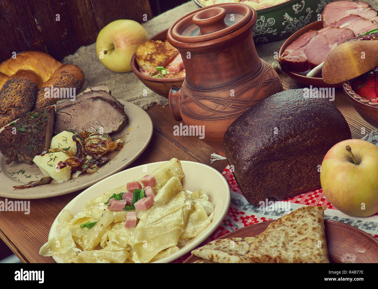 Belarusian cuisine, Traditional assorted dishes, Top view Stock Photo ...