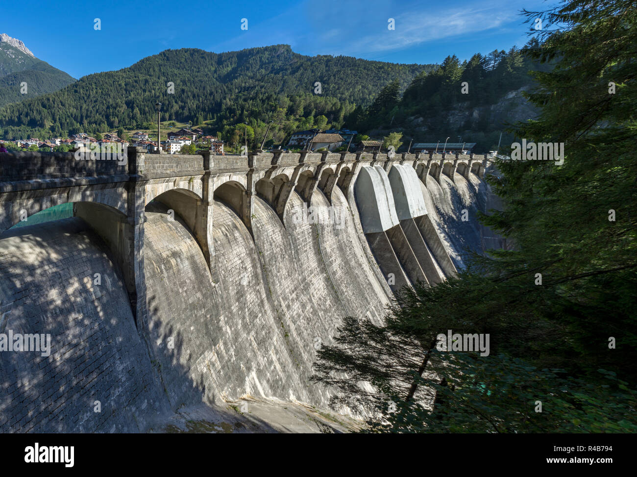 The dam of Santa Caterina near the village of Cadore, in the Dolomites, Italy. Hydroelectric plant. Stock Photo