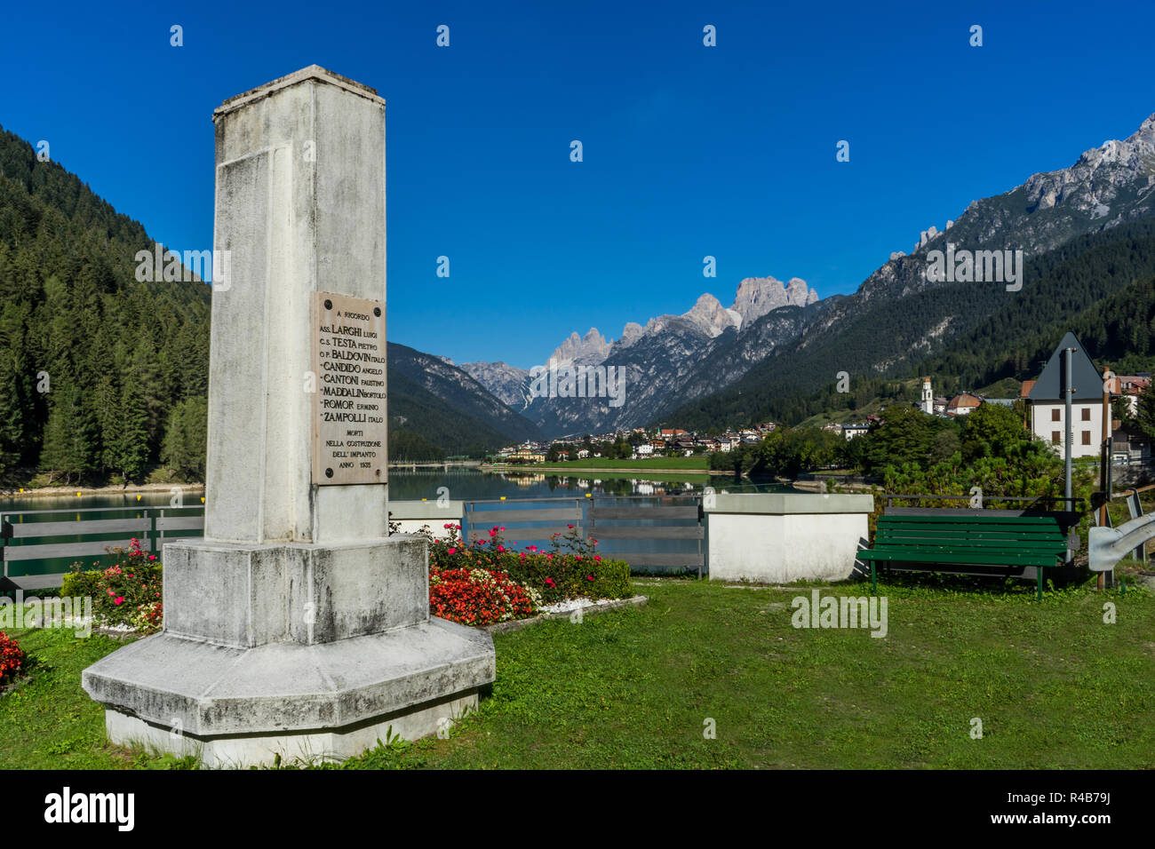 A monument near the dam of Santa Caterina near the village of Cadore, in the Dolomites, Italy. Stock Photo