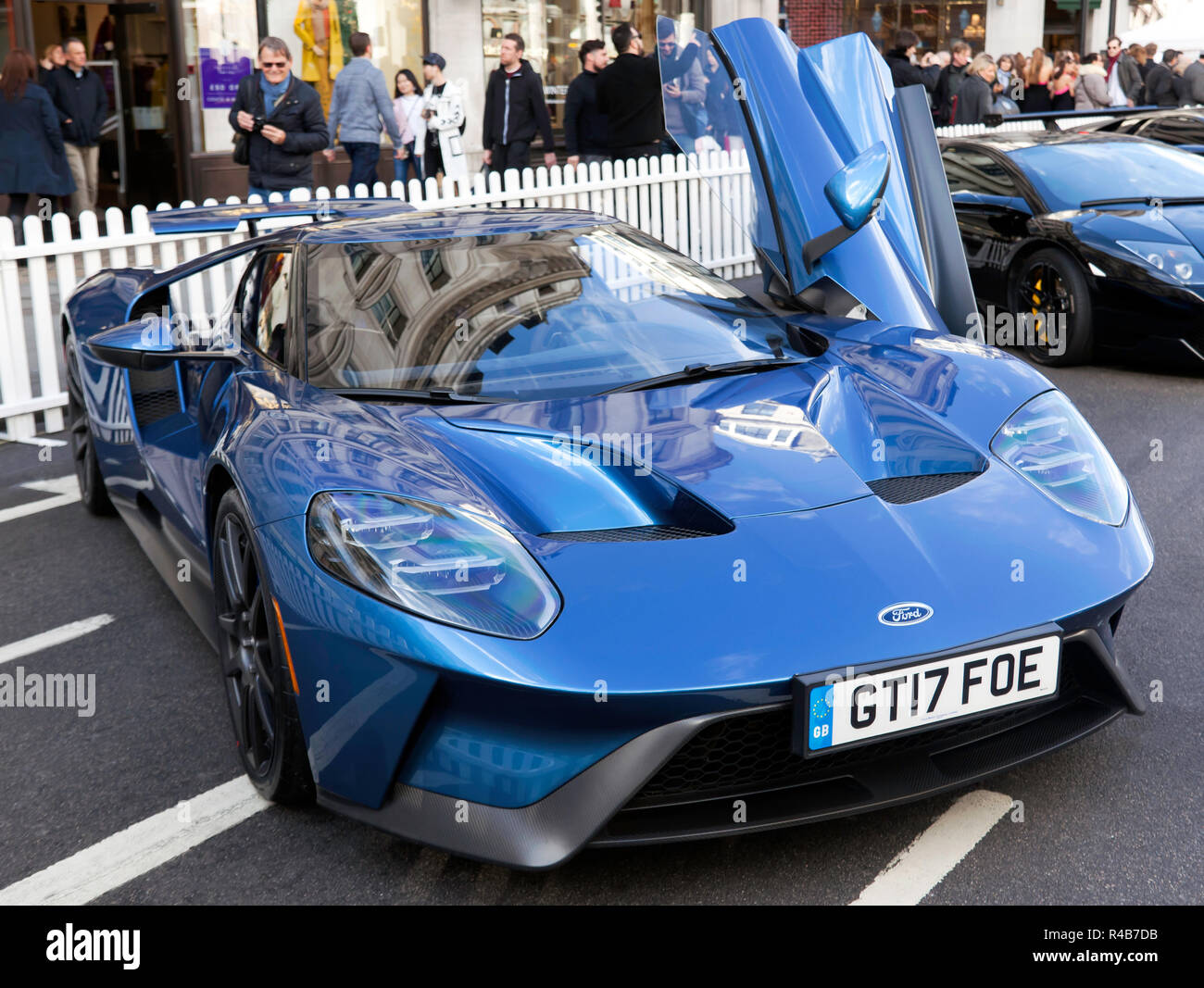 Three-quarter front view of a Ford GT40 2017 edition, on display, in the supercar paddock of the 2018 Regents Street Motor Show Stock Photo