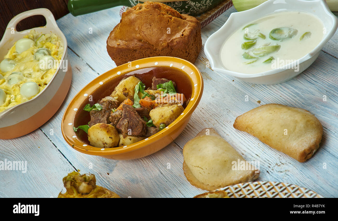 Welsh, cuisine, British Traditional assorted dishes, Top view. Stock Photo