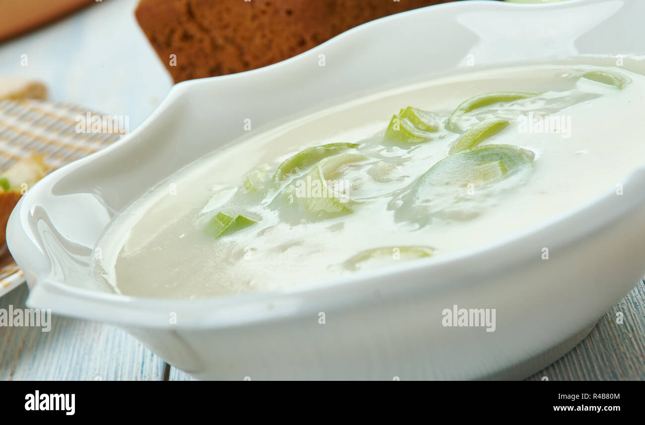 Welsh Leek and Stilton Soup, Welsh, cuisine, British Traditional assorted dishes, Top view. Stock Photo