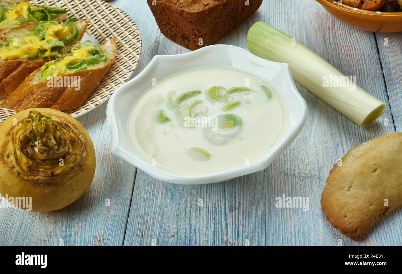 Welsh Leek and Stilton Soup, Welsh, cuisine, British Traditional assorted dishes, Top view. Stock Photo