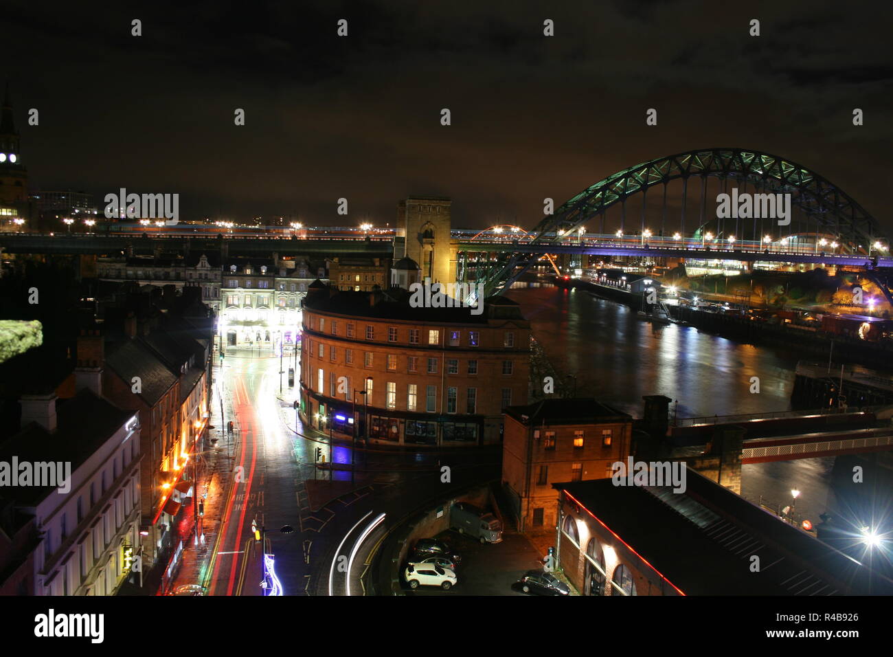 Newcastle Quayside including light trails (Tyne Bridge, Swing Bridge, Millennium Bridge, Sage (Gateshead)) Stock Photo
