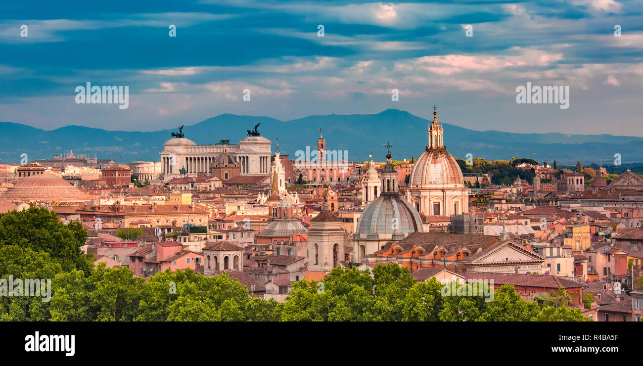 Aerial wonderful view of Rome at sunset, Italy Stock Photo