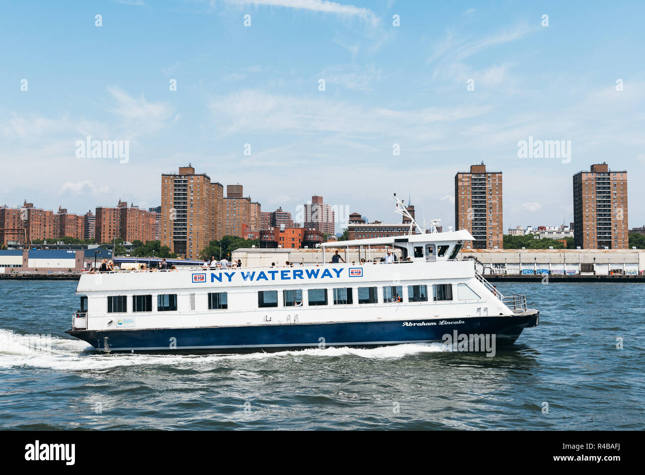 new york city, usa - june 24, 2018: ny waterway ferry navigating the