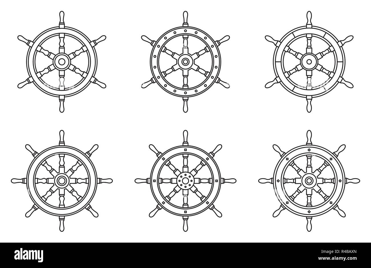 Ship steering wheel icon set. Vector thin line Stock Vector