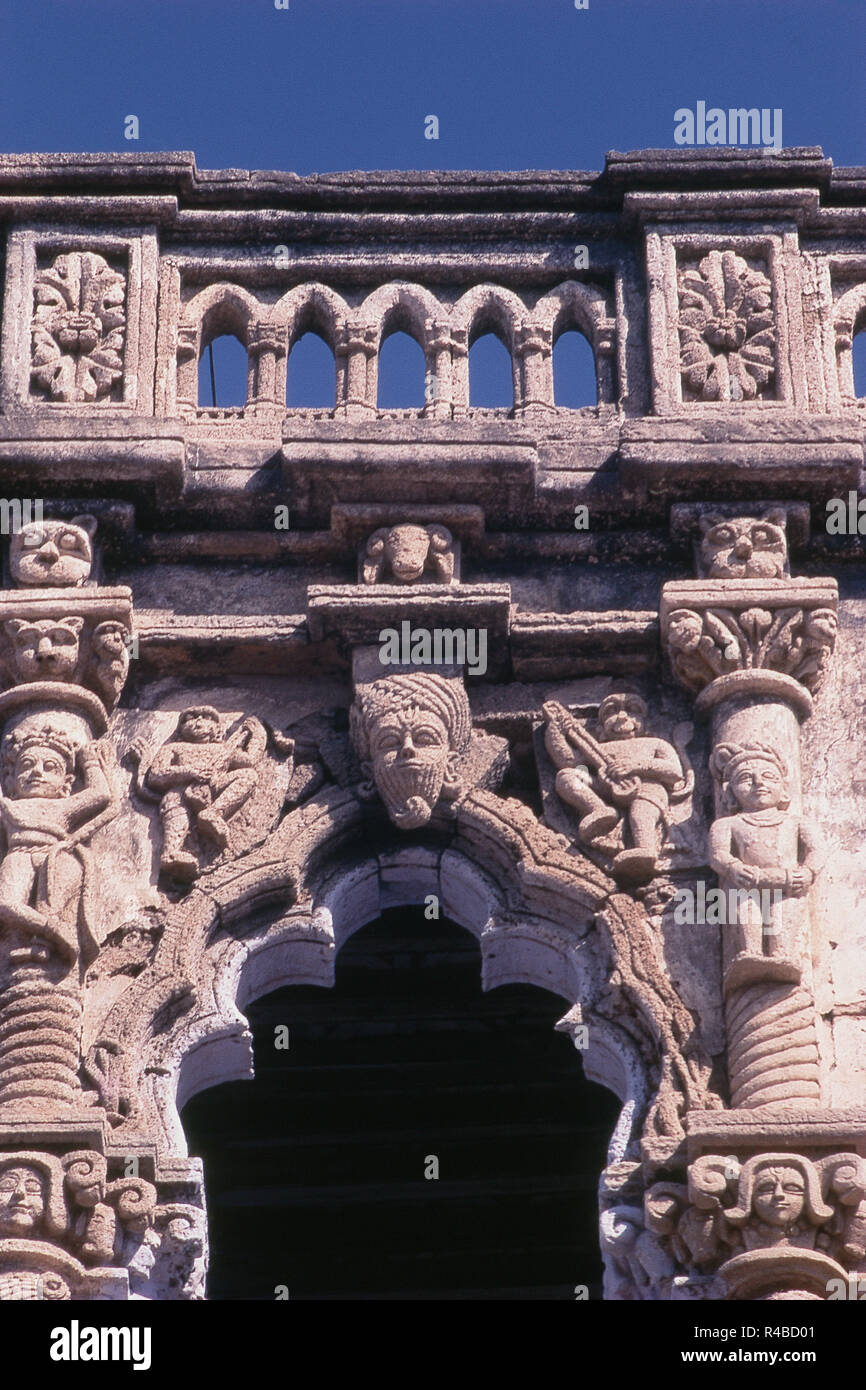 Carved facade of Satyabhama Temple, Bet Dwarka, Gujarat, India, Asia Stock Photo