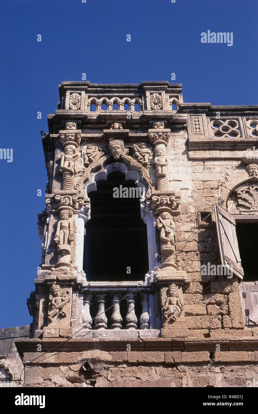 Carved facade of Satyabhama Temple, Bet Dwarka, Gujarat, India, Asia Stock Photo
