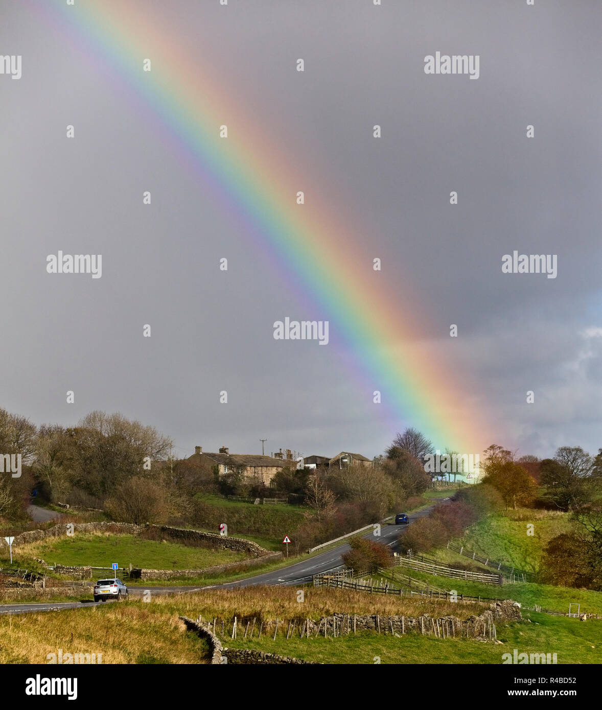 Rainbow Over The A59 Near Skipton West Yorkshire England Uk Stock