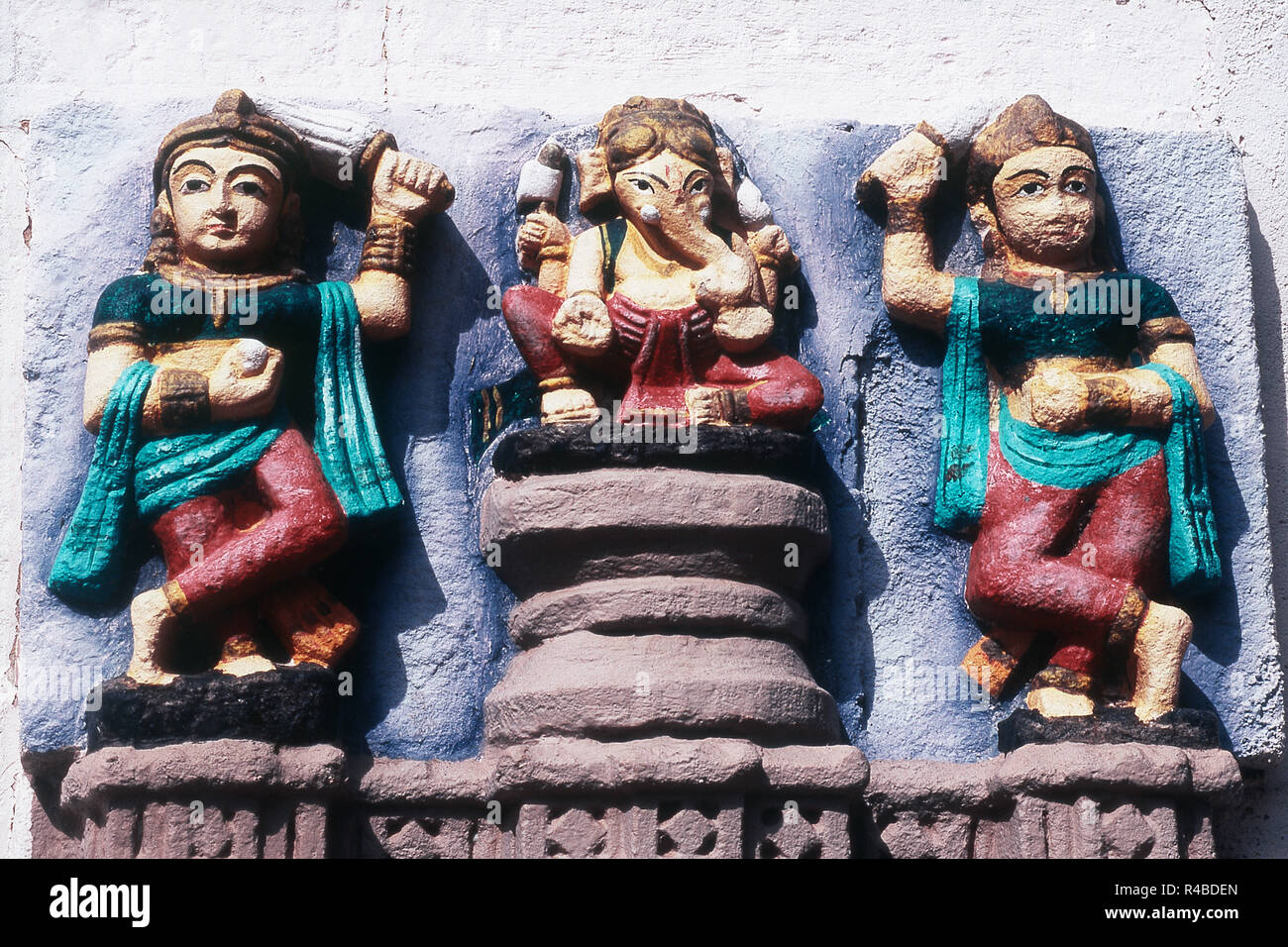Sculpture of Lord Ganesh with wives, Sayla, Gujarat, India, Asia Stock Photo
