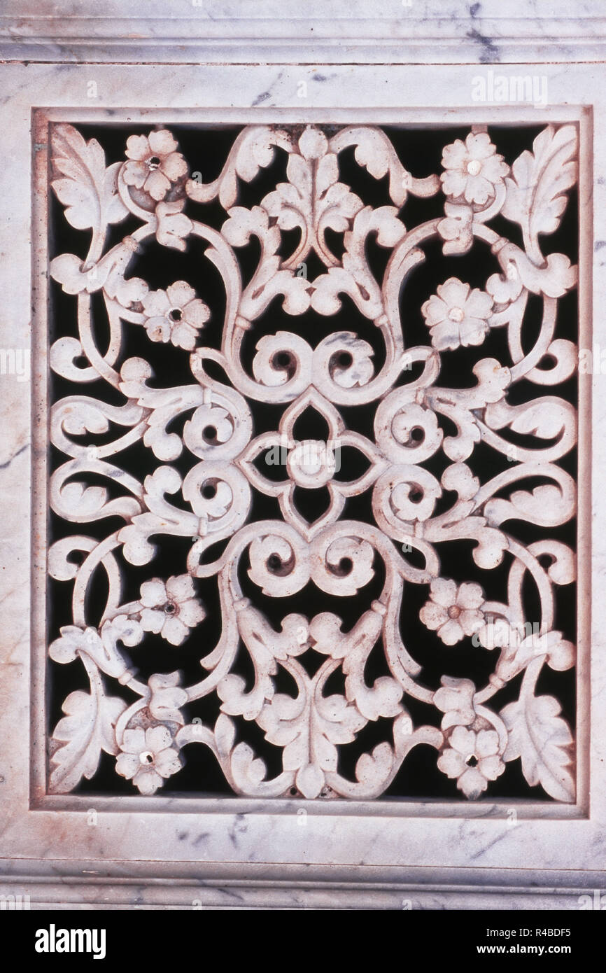 Marbled carved jali in temple, Sayla, Gujarat, India, Asia Stock Photo