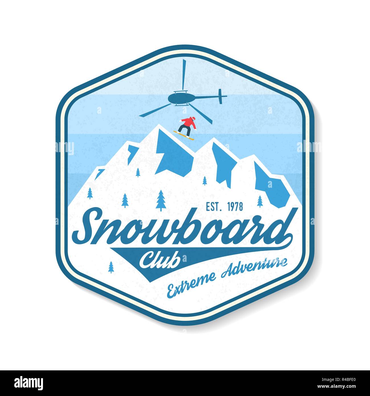 Snowboard Club patch. Vector illustration. Concept for shirt, print, stamp, badge, patch or tee. Vintage typography design with snowboard, helicopter and mountain silhouette. Extreme sport. Stock Vector