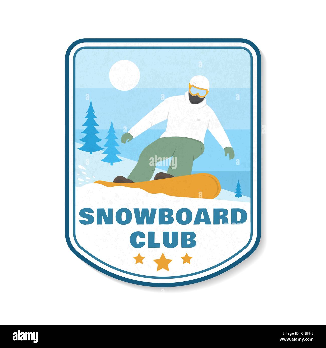 Snowboard Club patch. Vector illustration. Concept for shirt, print, stamp, patch or tee. Vintage typography design with snowboard and mountain silhouette. Extreme winter sport. Stock Vector