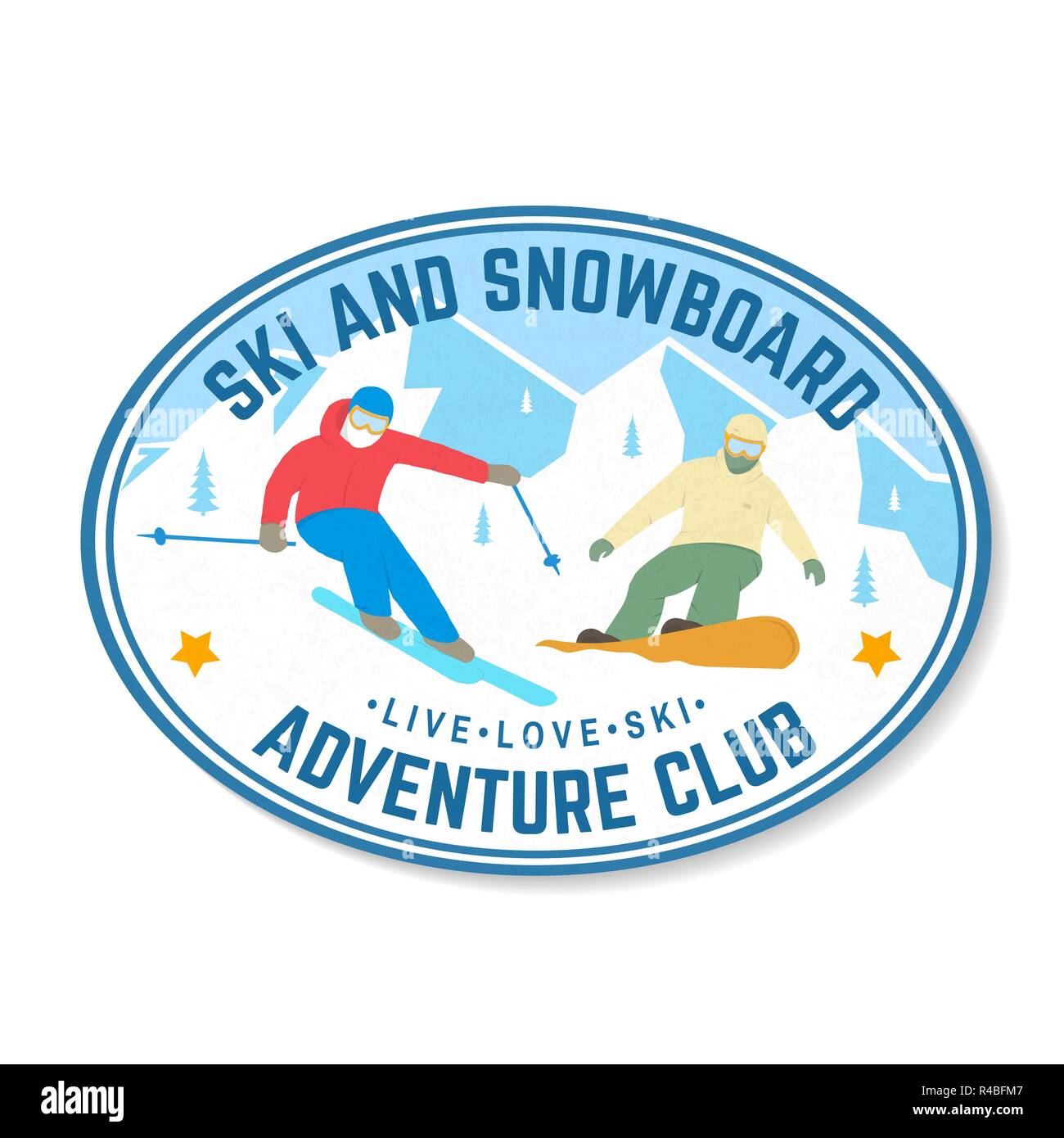 Ski and Snowboard Club. Vector illustration. Concept for shirt, print, stamp, badge or tee. Vintage typography design with snowboarder and skier silhouette. Winter Extreme sport. Stock Vector