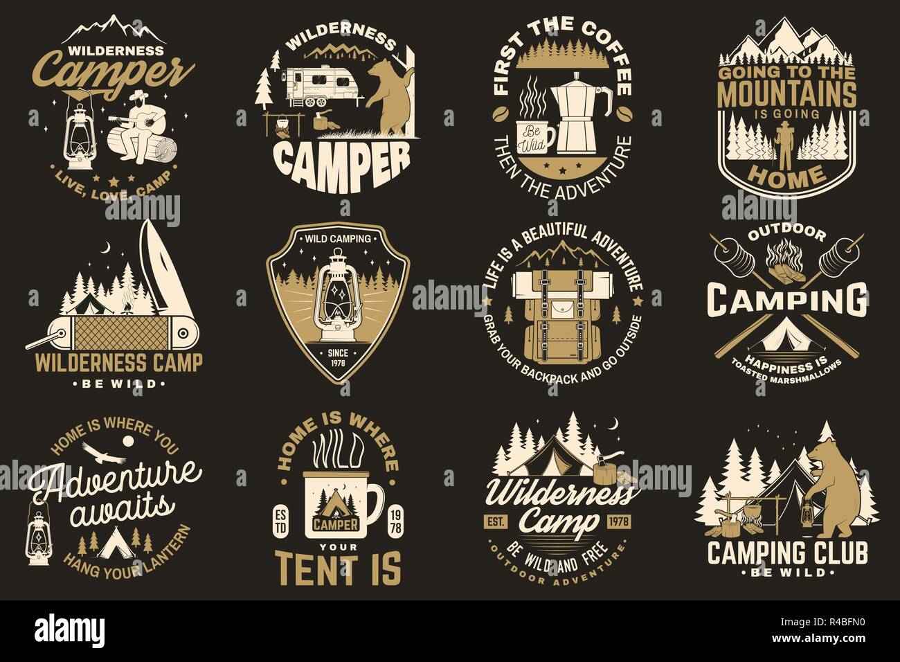 Summer Camp Vector Concept For Shirt Or Patch Print Stamp Or Tee Vintage Typography Design With Rv Trailer Camping Tent Campfire Bear Coffee Maker Pocket Knife And Forest Silhouette Stock Vector Image