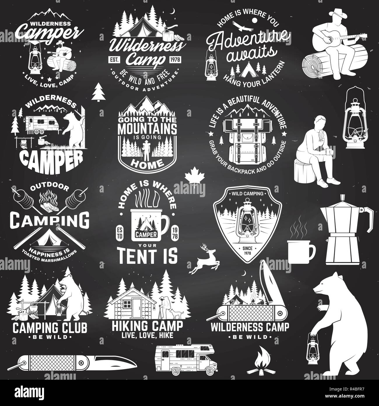 Wilderness camp. Be wild and free. Vector. Concept for badge, shirt or logo, print, stamp, patch or tee Vintage typography design with trailer, tent, campfire, bear, pocket knife and forest silhouette Stock Vector
