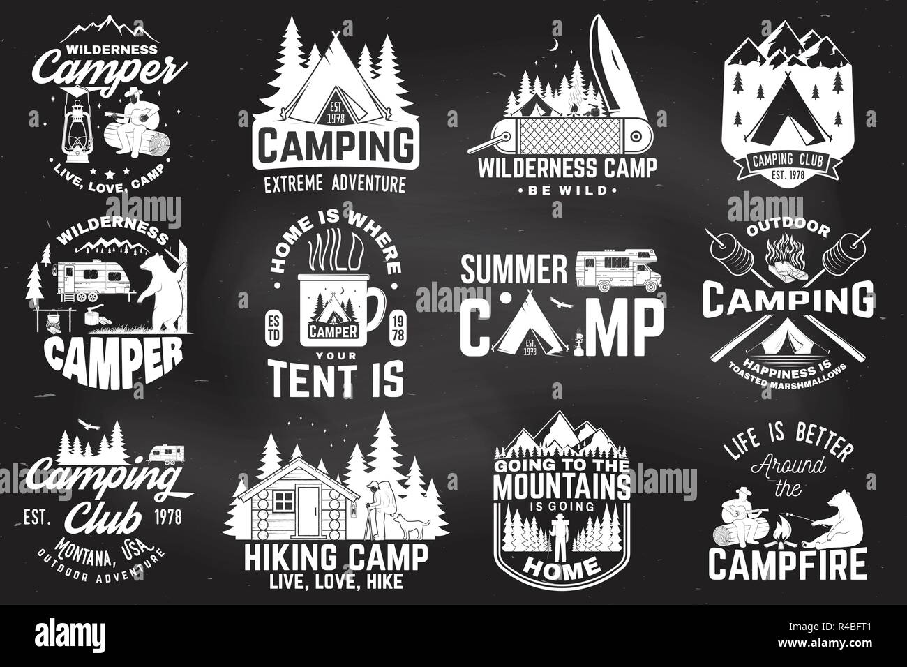 Summer camp. Vector illustration. Concept for shirt or patch, print, stamp or tee. Vintage typography design with rv trailer, camping tent, campfire, bear, man with guitar and forest silhouette. Stock Vector