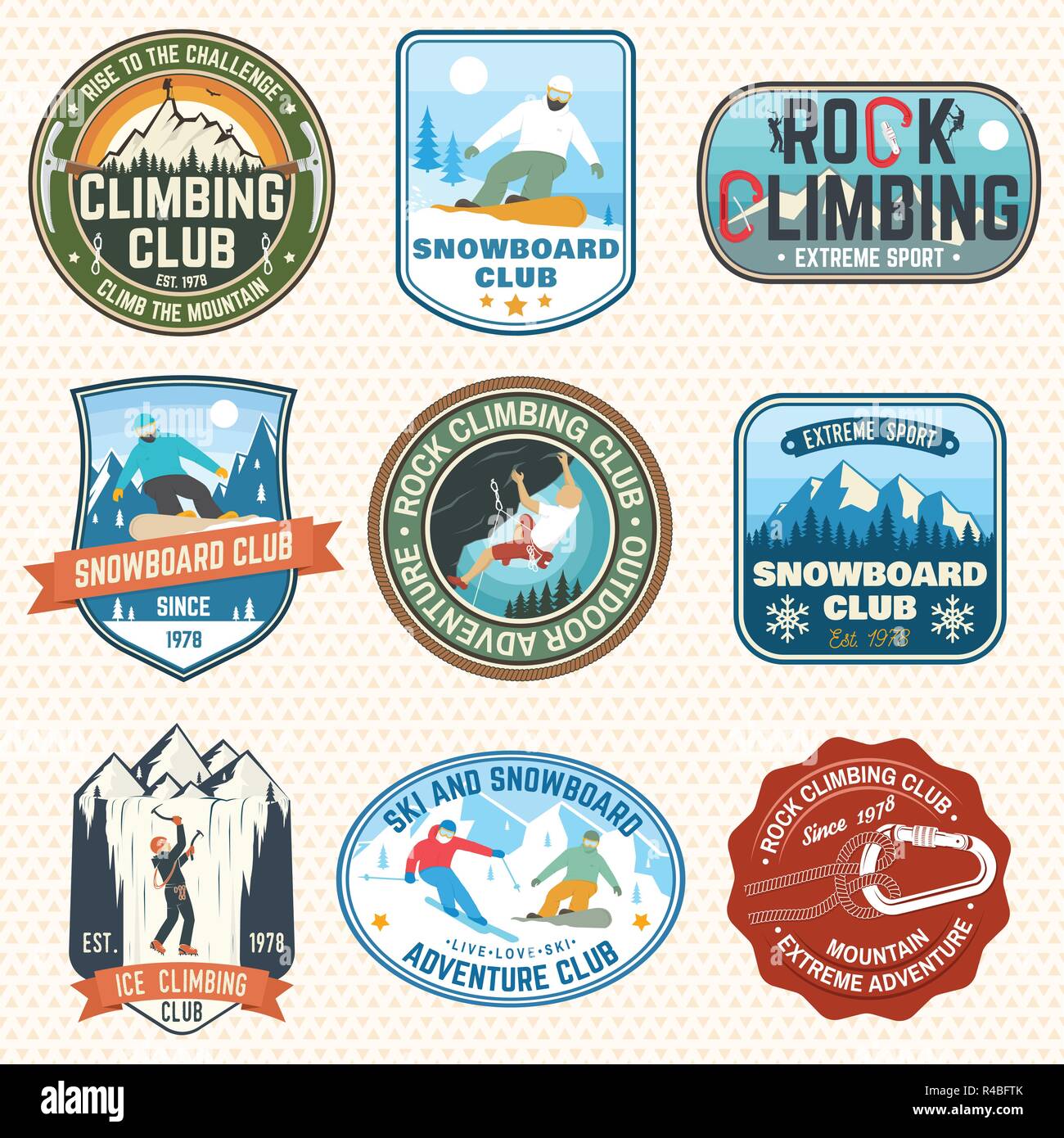 Set of Snowboarding and Rock Climbing club patches. Vector. Concept for patch, shirt, print, stamp or tee. Vintage typography design with snowboarder, climber and mountain silhouette. Extreme sport. Stock Vector