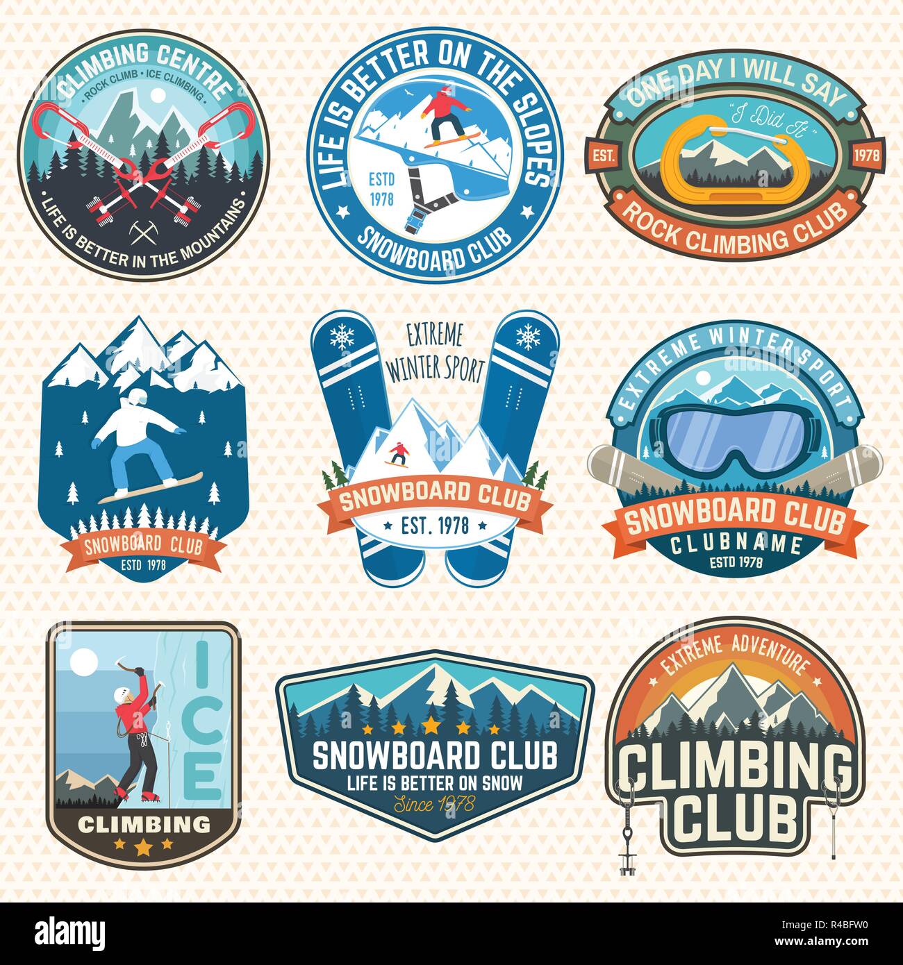 Set of Snowboarding and Rock Climbing club patches. Vector. Concept for patch, shirt, print, stamp or tee. Vintage typography design with snowboarder, climber and mountain silhouette. Extreme sport. Stock Vector