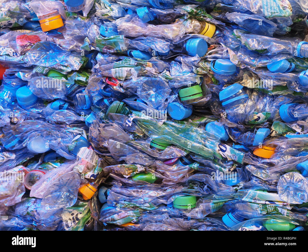 Nuremberg, Germany November 13, 2018 Crushed plastic bottles for