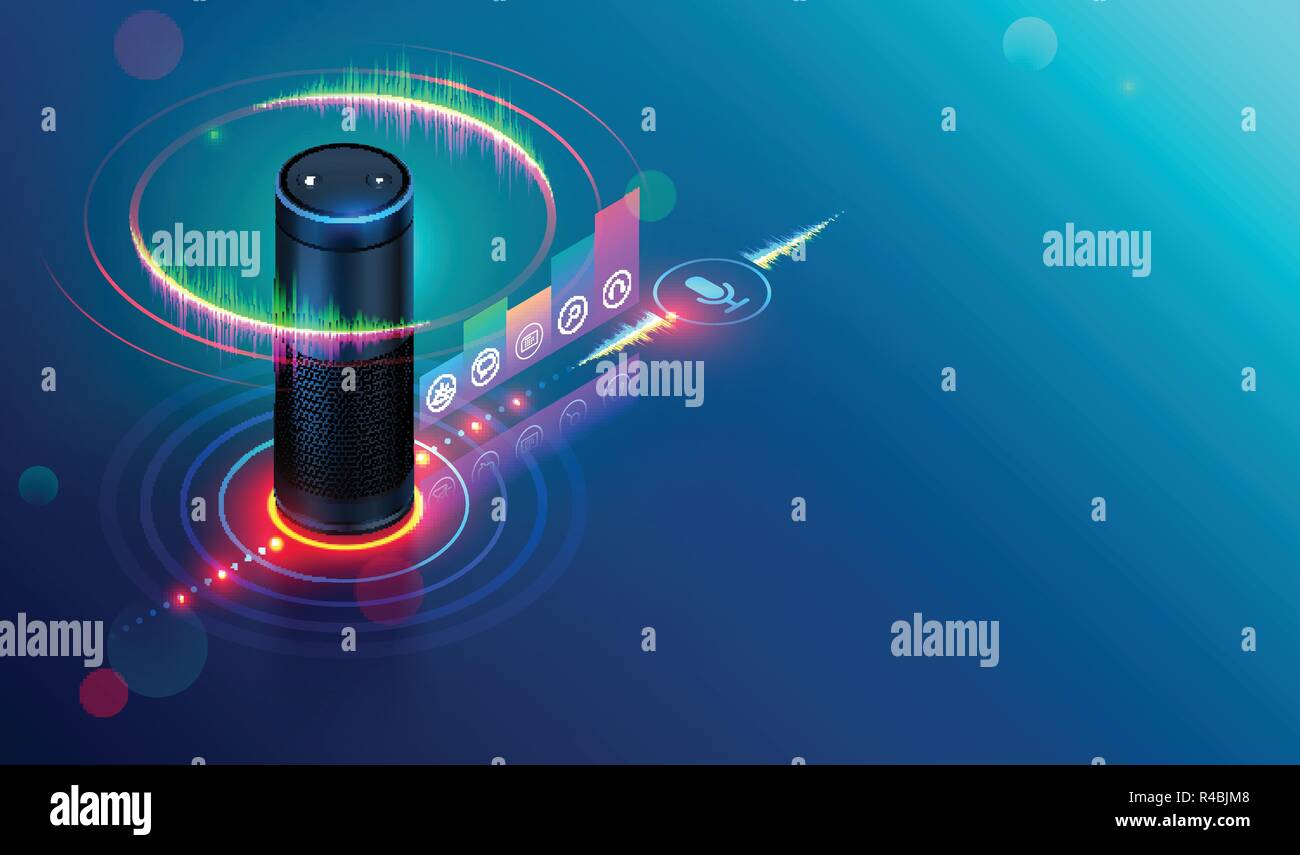 Smart speaker recognitions voice commands and controls devices of smart home. Personal voice assistant connected with internet of things says about st Stock Vector