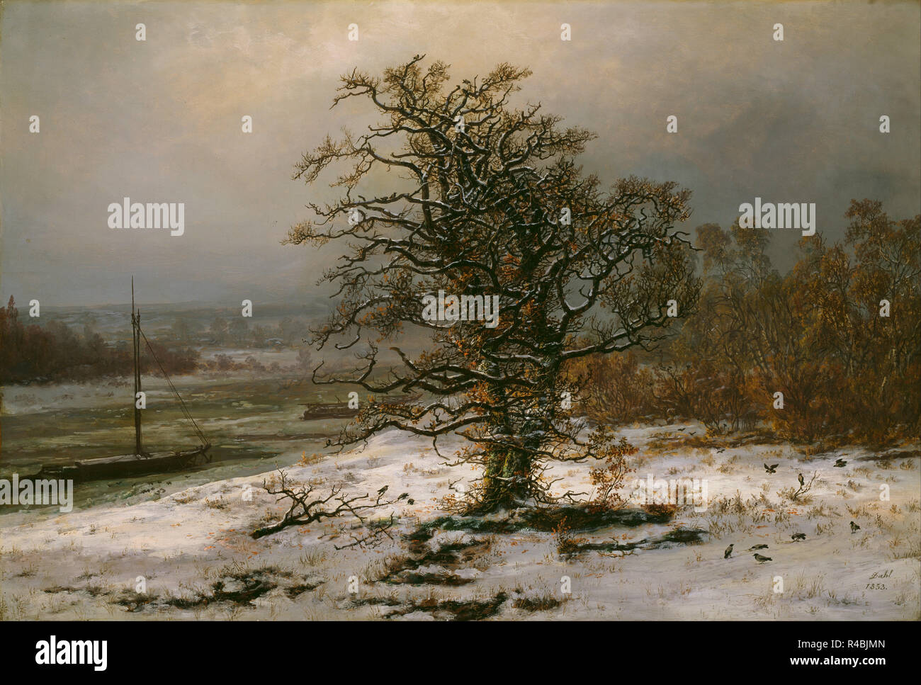 Oak Tree by the Elbe in Winter. Date/Period: 1853. Painting. Olje på lerret. Width: 91.5 cm. Height: 62.5 cm. Author: JOHAN CHRISTIAN DAHL. JOHANN CHRISTIAN CLAUSEN DAHL. DAHL, JOHAN CHRISTIAN CLAUSEN. Stock Photo