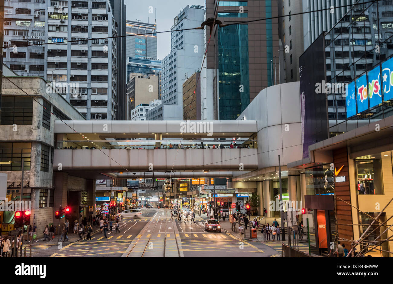 A busy scene showing the offices and local transport on the Causeway Bay district of Hong Kong China. Stock Photo