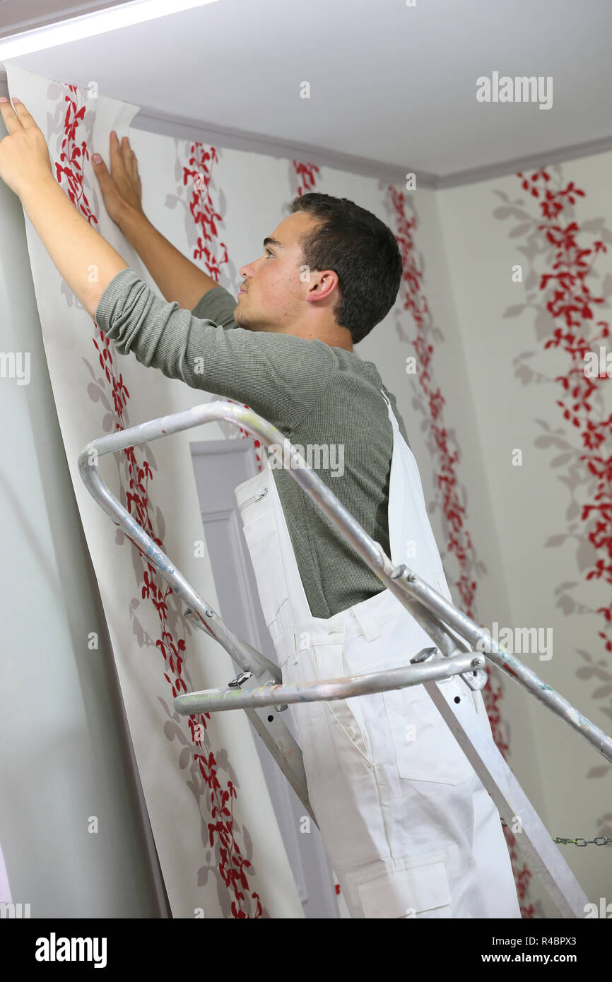Young apprentice learning how to put wallpaper up on wall Stock Photo