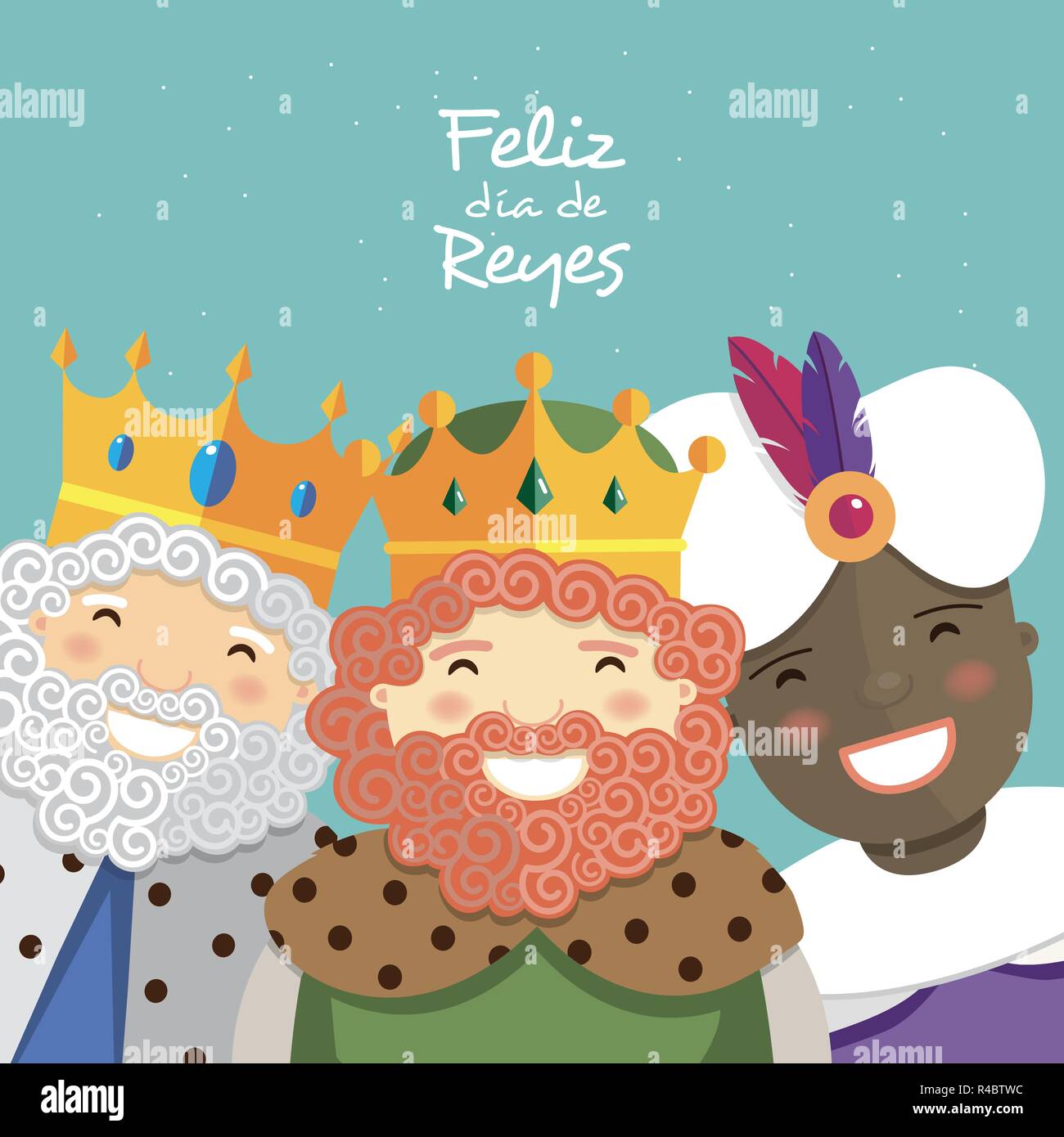 Happy three kings smiling and spanish text on a green background