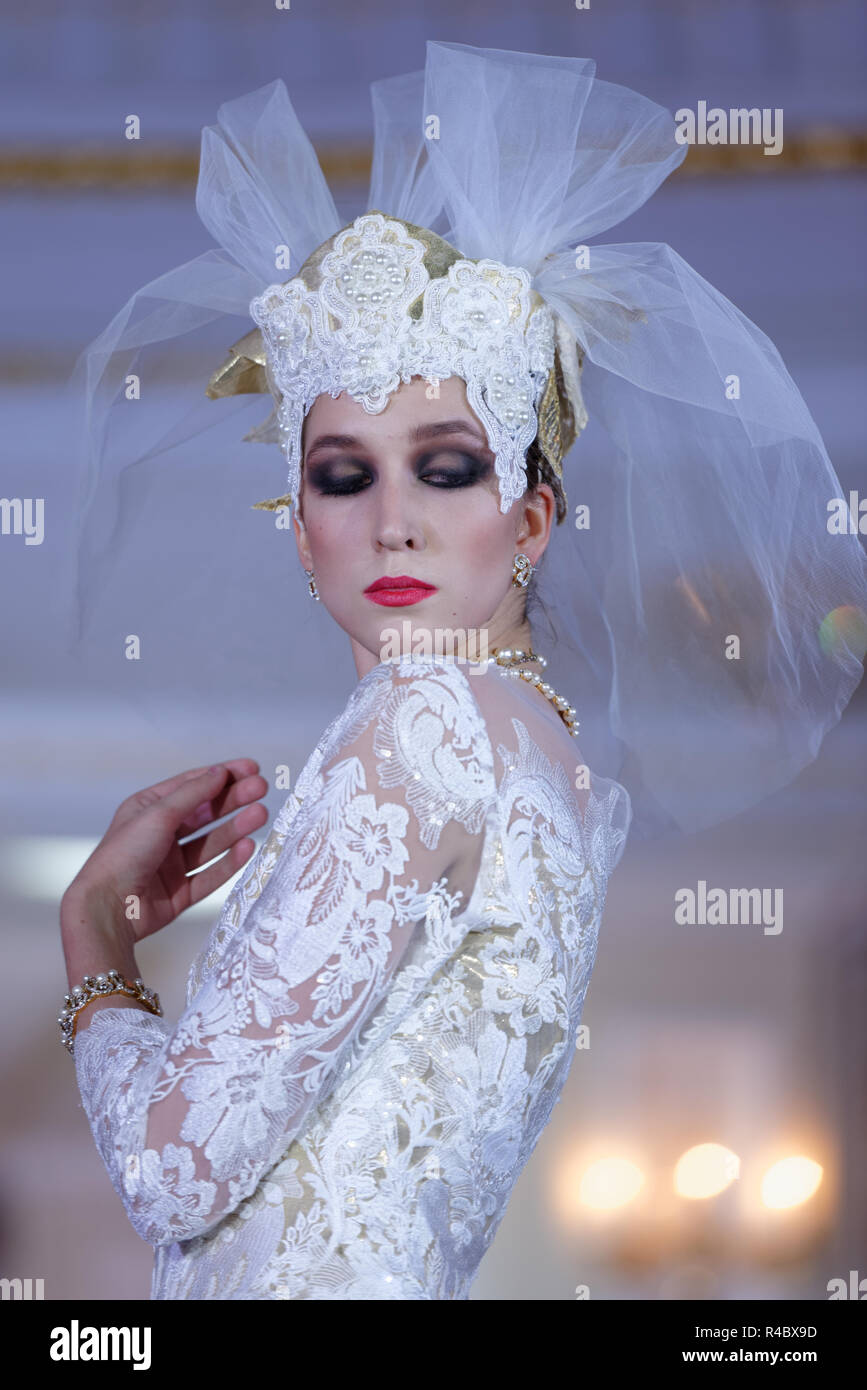 St. Petersburg, Russia - November 15, 2018: Fashion parade of Slava Zaitsev collection in the Hermitage hotel during Saint-Petersburg International Cu Stock Photo