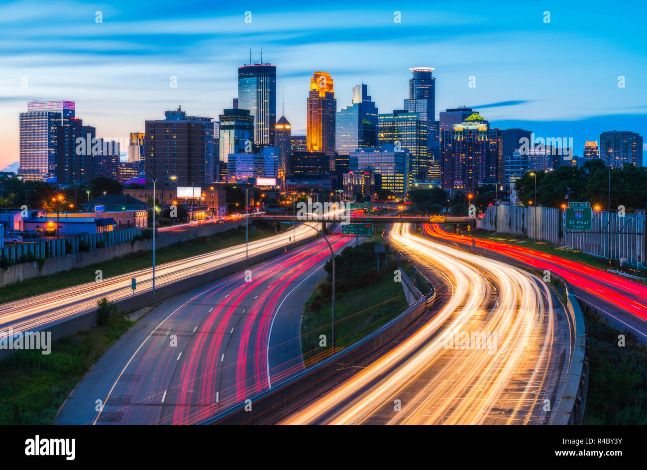 Minneapolis skyline with traffic light at night Stock Photo Alamy