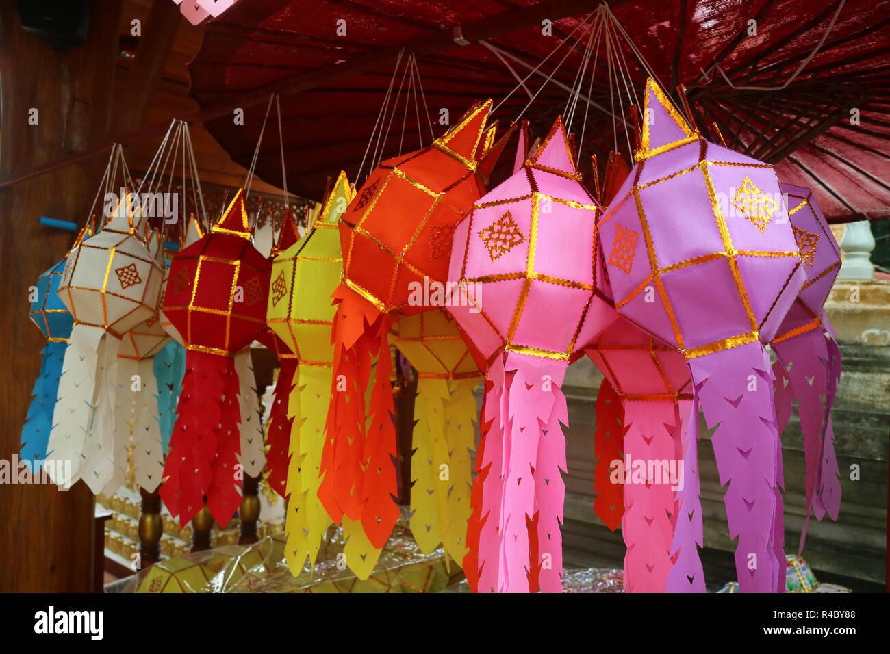 Colorful Paper Lantern or Yee Peng Lantern, Traditional Lantern of Northern Thailand Stock Photo