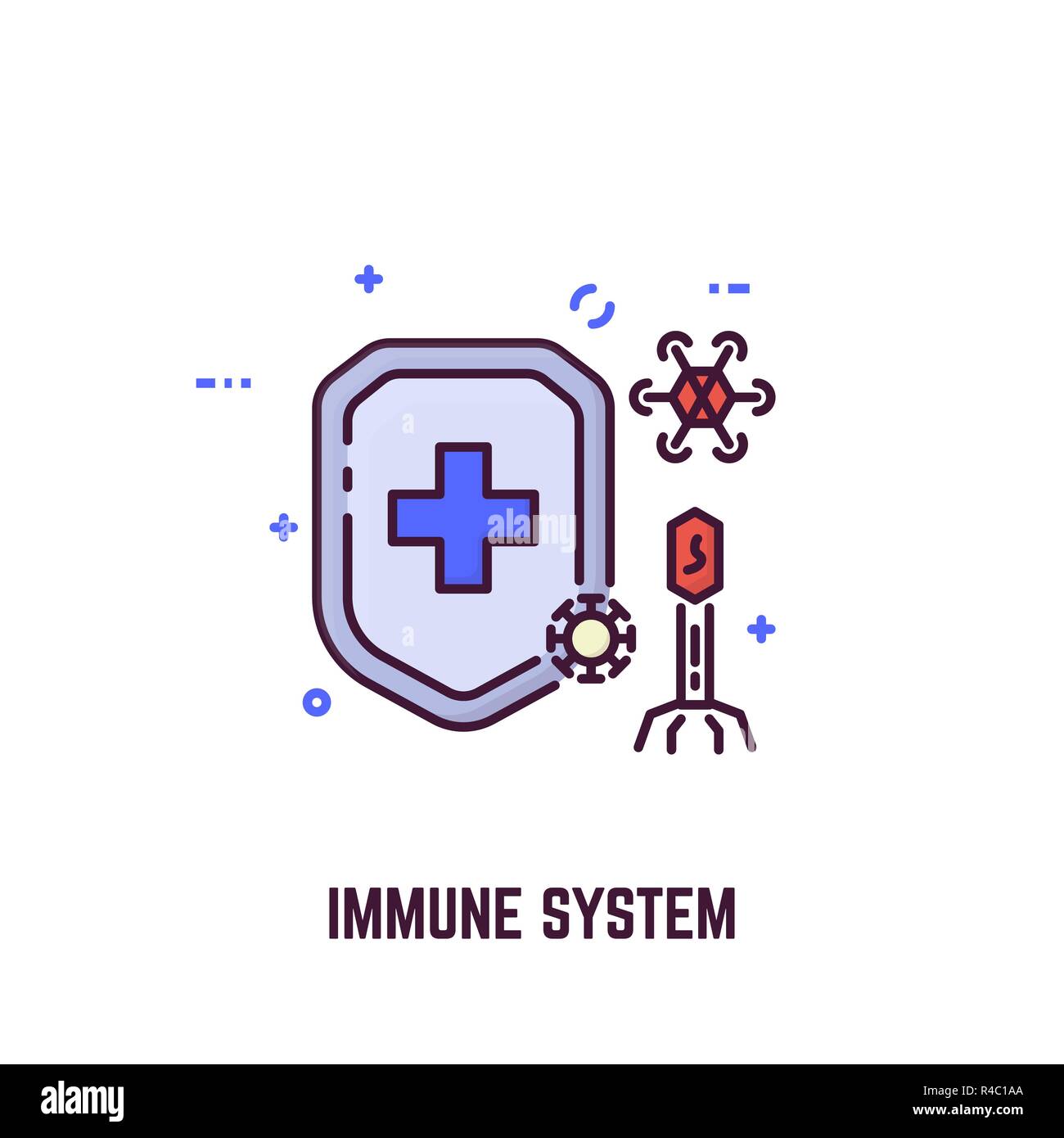 Immune system shield and viruses and bacteria attacking shield. Bacteriophage and virus. Line style vector illustration. Stock Vector