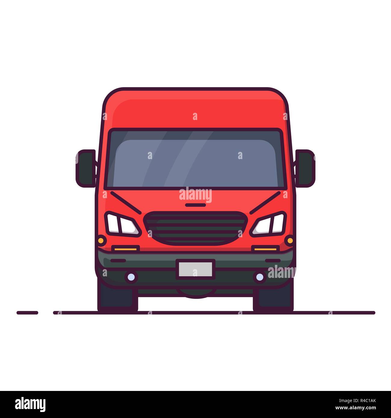 Front view of red delivery truck. Line style vector illustration. Vehicle and transport banner. Delivery and shipping service banner. Minivan transpor Stock Vector