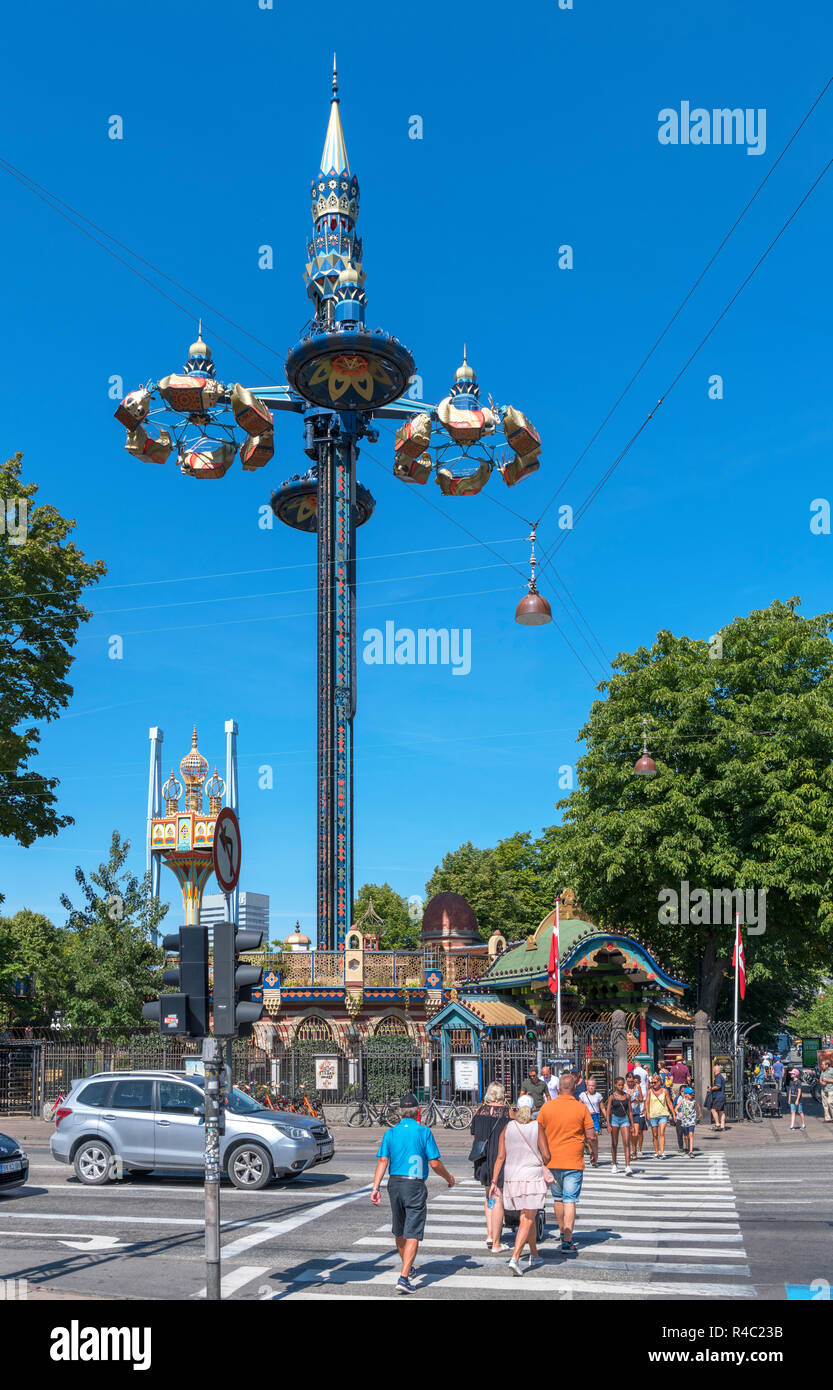 Hans Christian Andersen Boulevard looking towards the Fatamorgana ride at Tivoli Gardens, Copenhagen, Zealand, Denmark Stock Photo