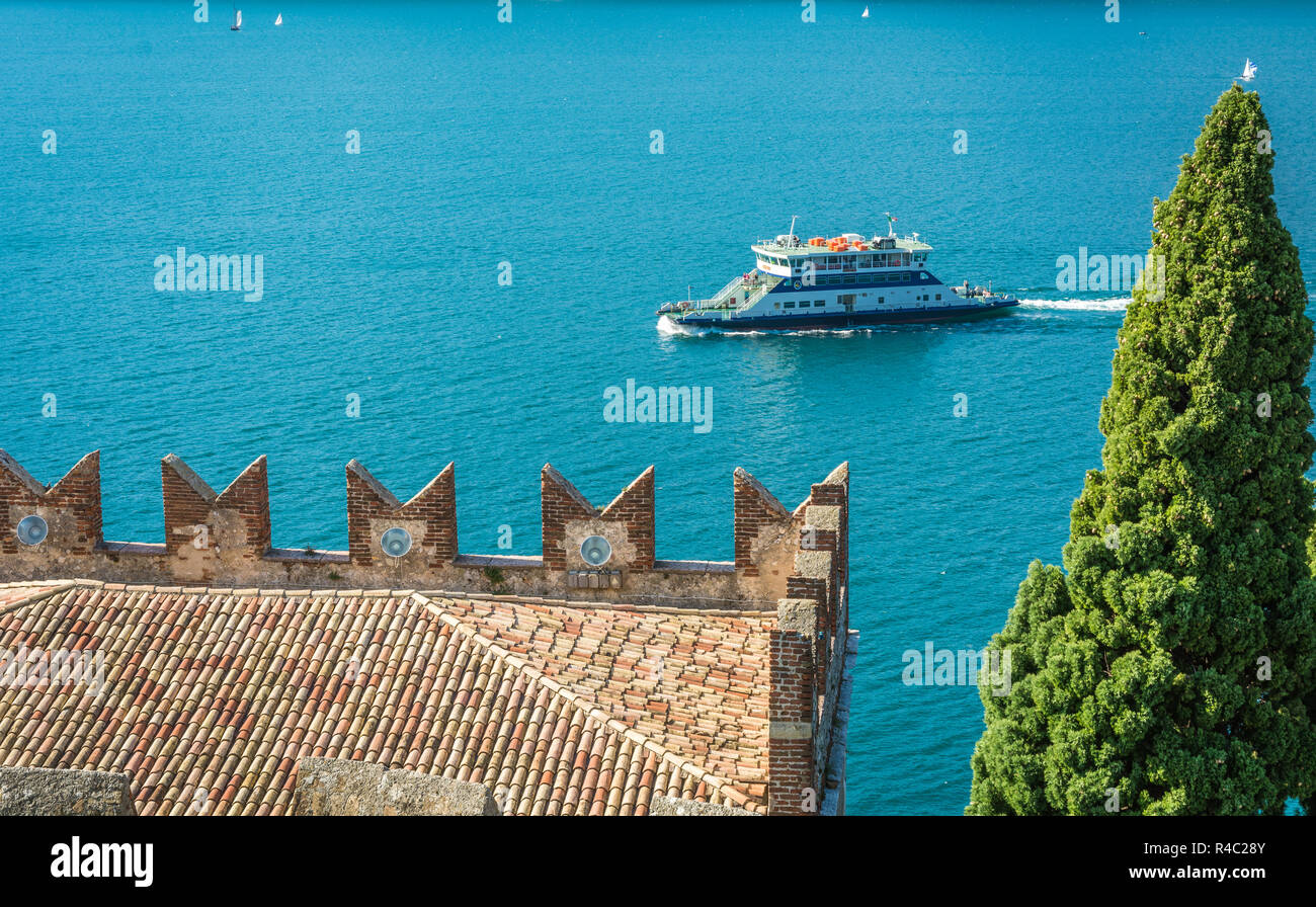 The medieval Scaliger Castle in Malcesine on Garda lake, Verona, Italy.The old Scaliger Castle is one of the top tourist attractions Stock Photo